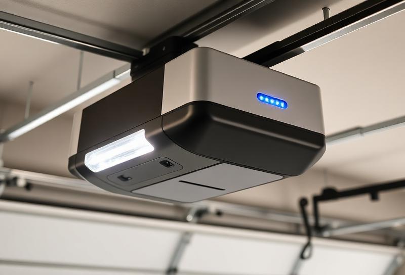 Modern garage door opener with battery backup unit installed on garage ceiling showing LED indicator