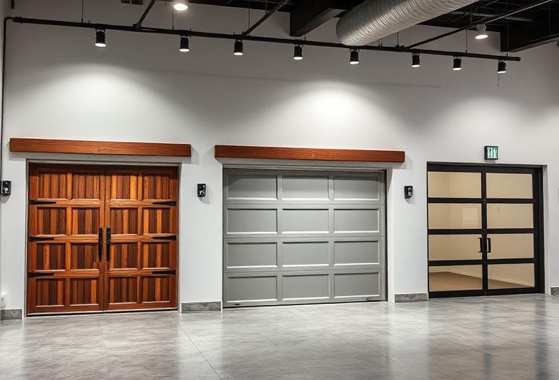 Modern garage door showroom displaying multiple styles including wood carriage, steel panel, and contemporary glass doors