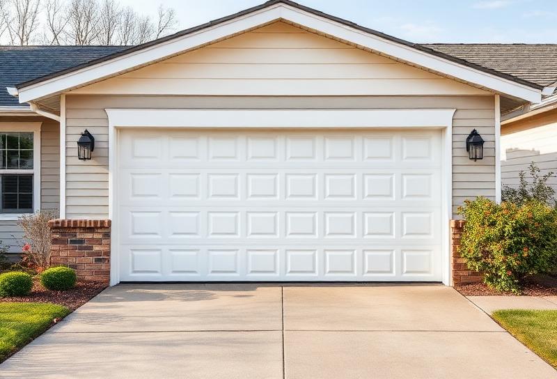 Beautiful affordable white steel garage door installed on suburban home showcasing curb appeal improvement