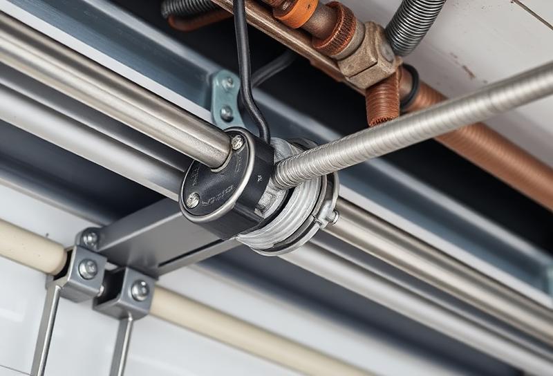 Close-up of garage door cable and spring mechanism during professional repair service