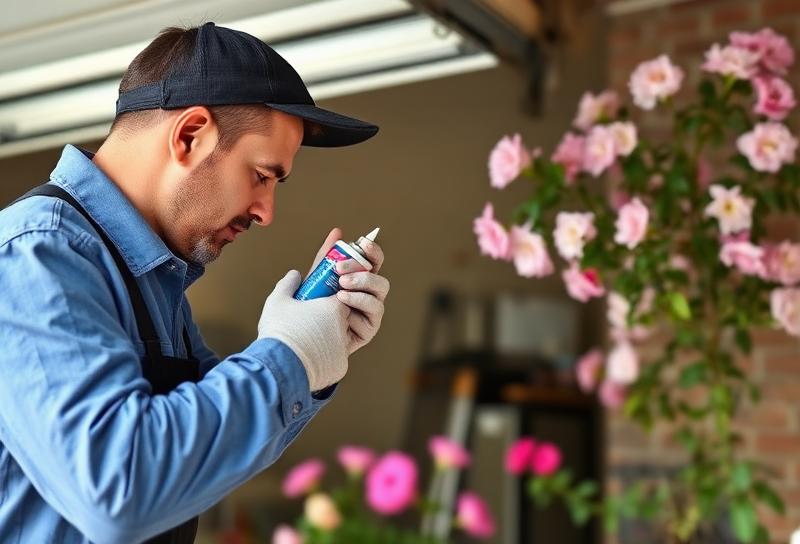 Garage door technician performing spring maintenance and lubrication service on residential garage door