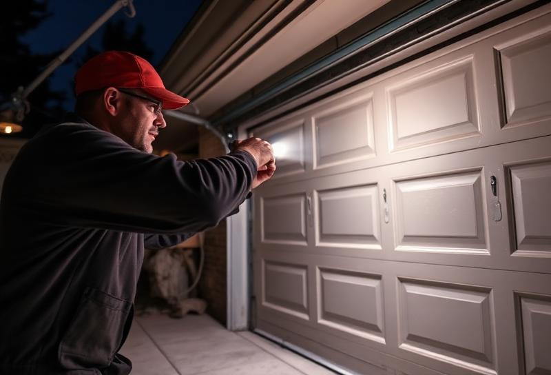 Emergency garage door repair technician working at night with flashlight fixing broken door