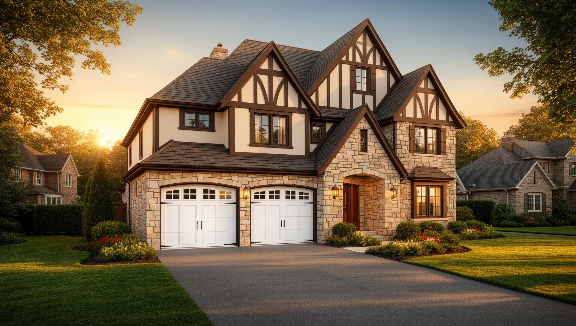Tudor style home with elegant white raised panel garage doors in Stokesdale NC