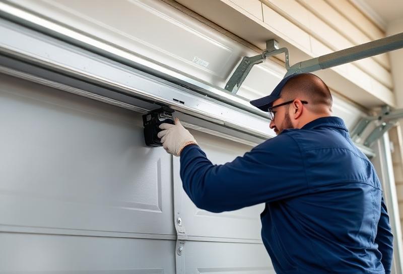 Professional garage door maintenance technician adjusting track alignment and lubricating parts