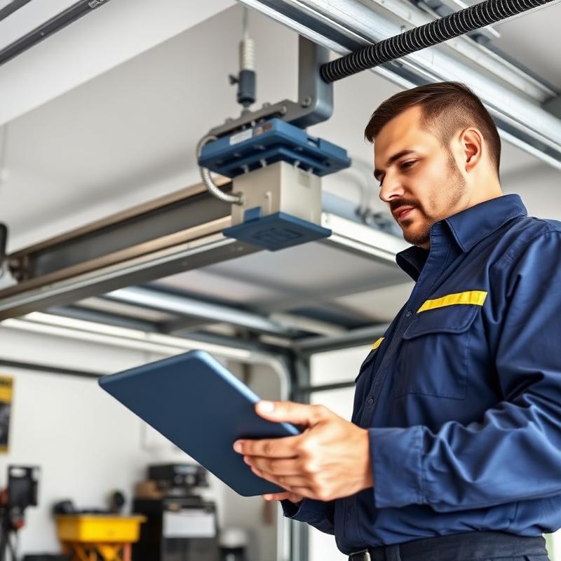 Garage door technician with tablet inspecting and diagnosing garage door mechanism issues